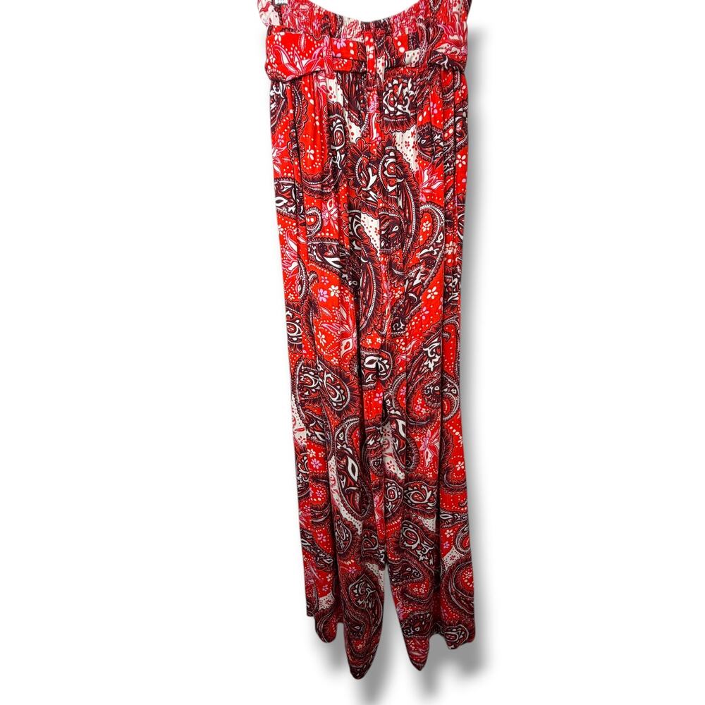 Free People Double Trouble Tiger Lily Combo Red Paisley Boho Tie Wide Leg Pants - Picture 2 of 9